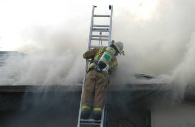 A extension ladder in use